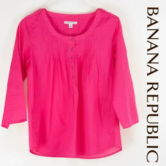 Banana Republic Shirt Cotton Blouse Quarter Sleeve Bright Pink Size Medium New - Picture 1 of 6
